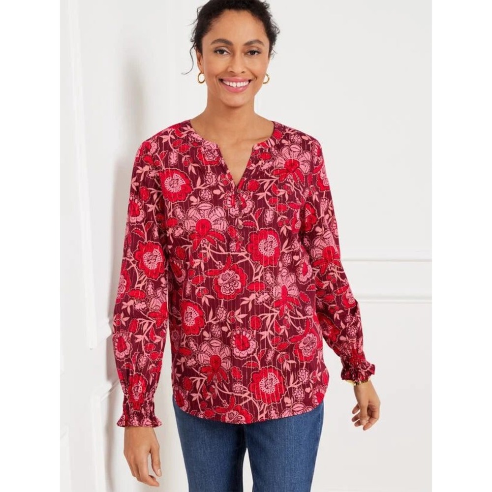 Talbots Plus 2X Burgundy Pink Floral Gold Thread Smocked Cuff Top Peasant Boho